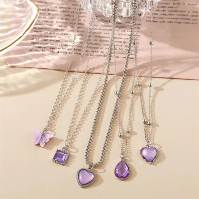 Crystal Butterfly Pendant Hollow Heart Choker Necklace Set